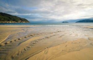 A stream of fresh water flows into a beach creating patterns in the sand in