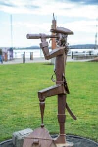 metal statue of a sailor in Sidney BC, outdoor art walk 