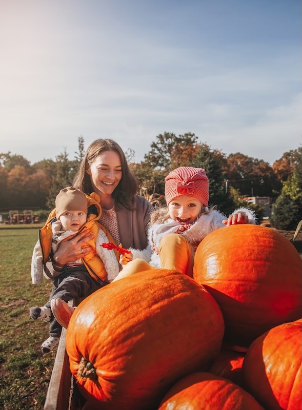 Cheerful family on the farm. Parenting and childhood. Motherhood. Autumn Thanksgiving Day. Outdoor games. Harvesting at farm. Vacation home.