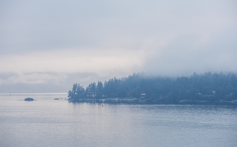 Foggy morning view of the Gulf Islands near Victoria